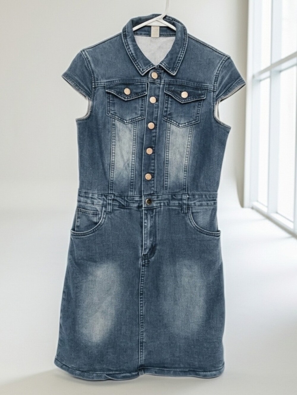 Chou YaTou Denim Button-Front Front Zipper Cap Sleeve Dress Size Medium